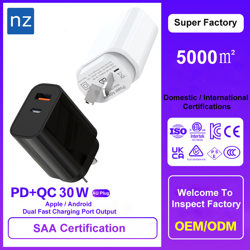 AU Spec PD+QC GaN 30W Fast Charger Customised SAA Certified Dual Port QC 3.0