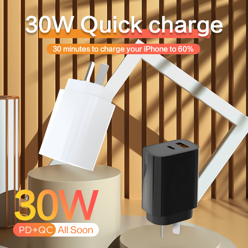 AU Spec PD+QC GaN 30W Fast Charger Customised SAA Certified Dual Port QC 3.0
