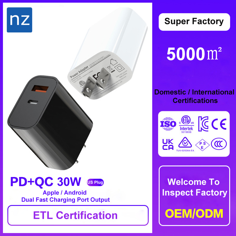US Spec PD+QC GaN 30W Fast Charger Customised SAA Certified Dual Port QC 3.0